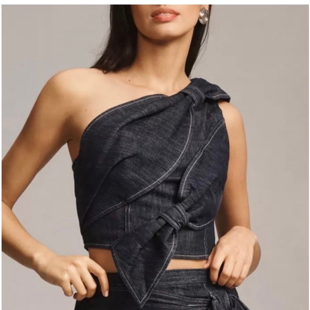 Pilcro One-Shoulder Dark Denim Knot Crop Top